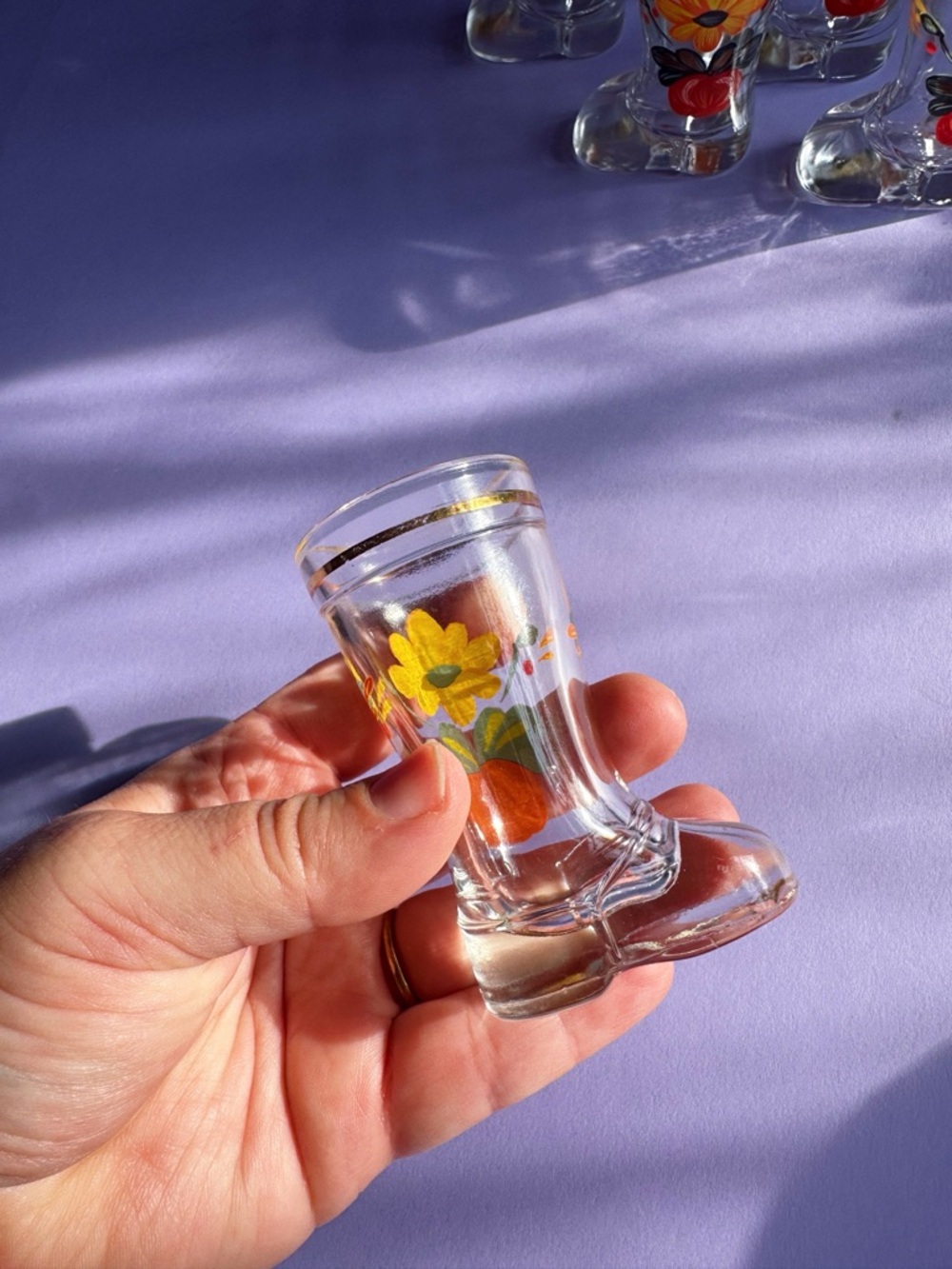 Set Of Mod Dep Glass Boot Shot Glasses Flower Decor Italy Set of 6 - Picture 6 of 6